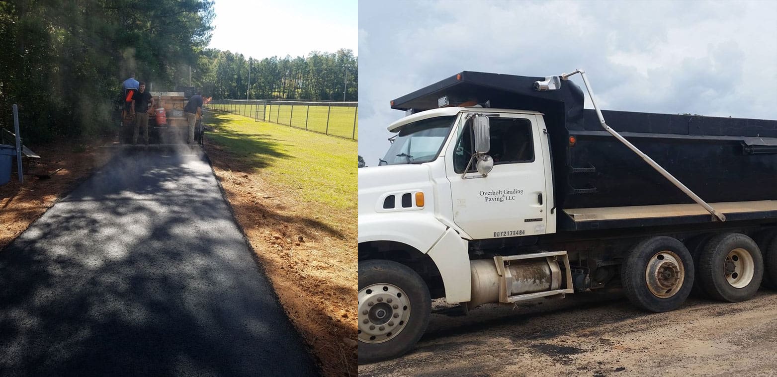 Overholt Grading - commercial and residential grading excavating paving - a paved pathway along side a company truck